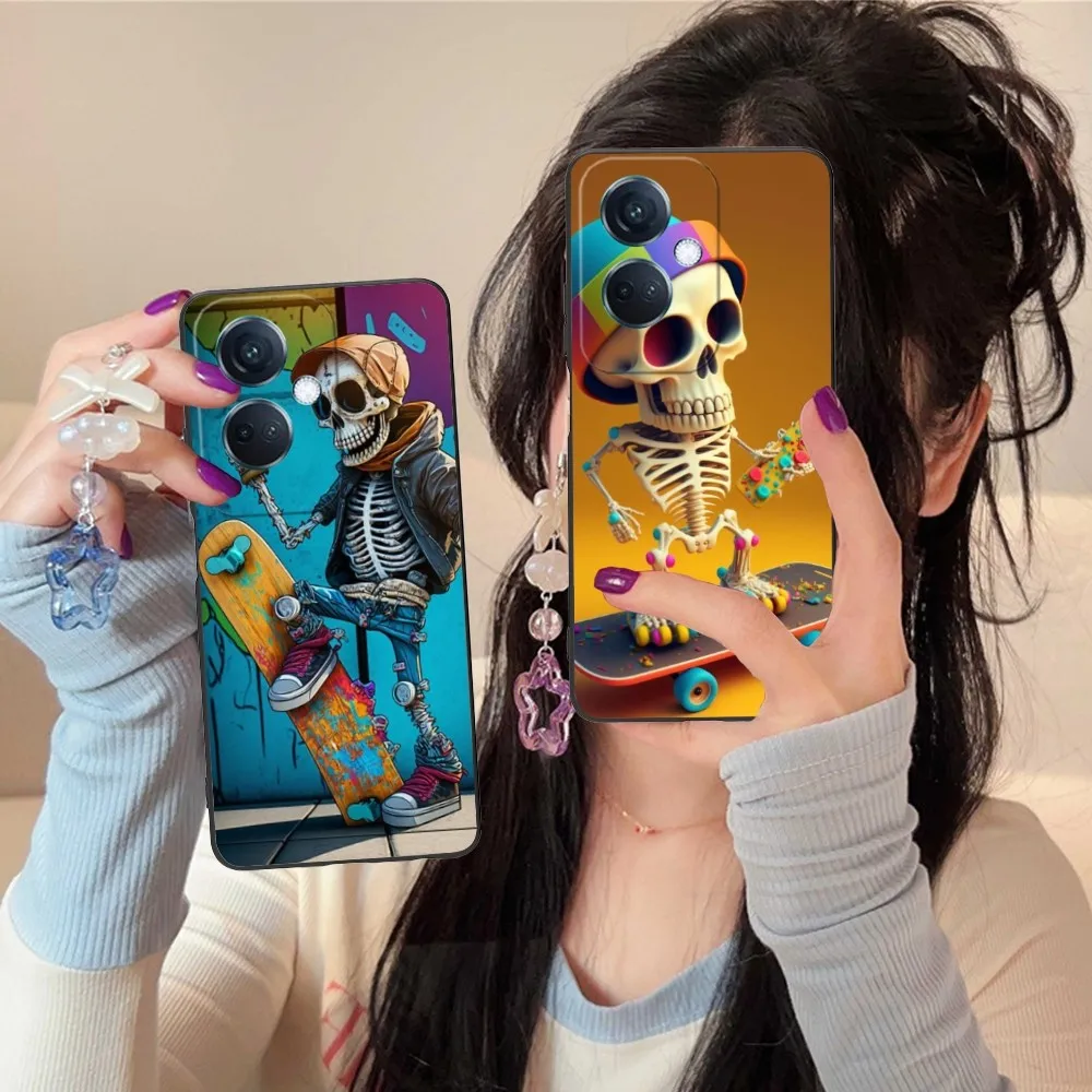 Skeleton Skateboard Mobile Cell Phone Case For Oppo Find X5 X3 X2 A93 Reno 8 7 Pro A74 A72 A53 Black Soft Phone Cover Funda