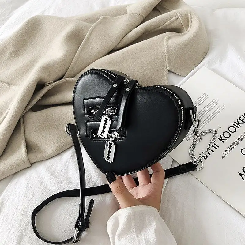 Gothic Heart Blade Zipper Chain Crossbody Bags for Women Girl Casual Shoulder Purses Handbags Techwear Summer Wallet Goth crossbody bag women handbags