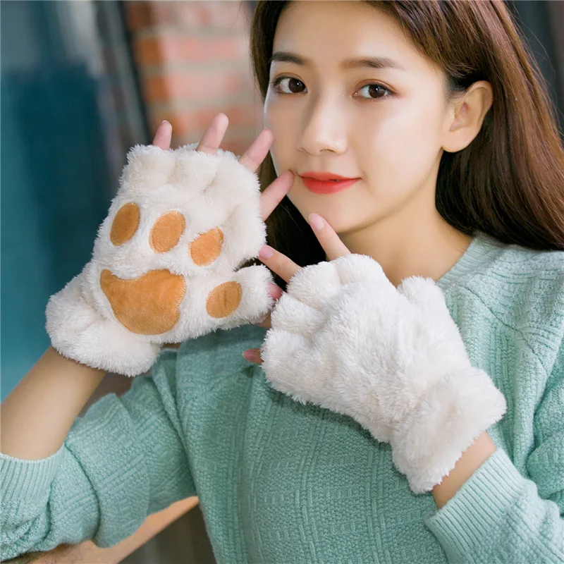 

Plush cat's paw warm winter half-finger gloves female cute hanging neck Korean cartoon student plus velvet padded gloves