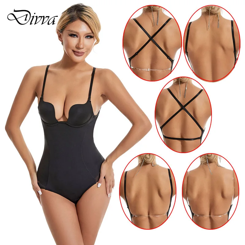 

Hot Women's Backless Shapewear U Plunge Seamless Thong Full Lace Bodysuit Deep V Neck Body Shaper for Low Back Dress Underwear