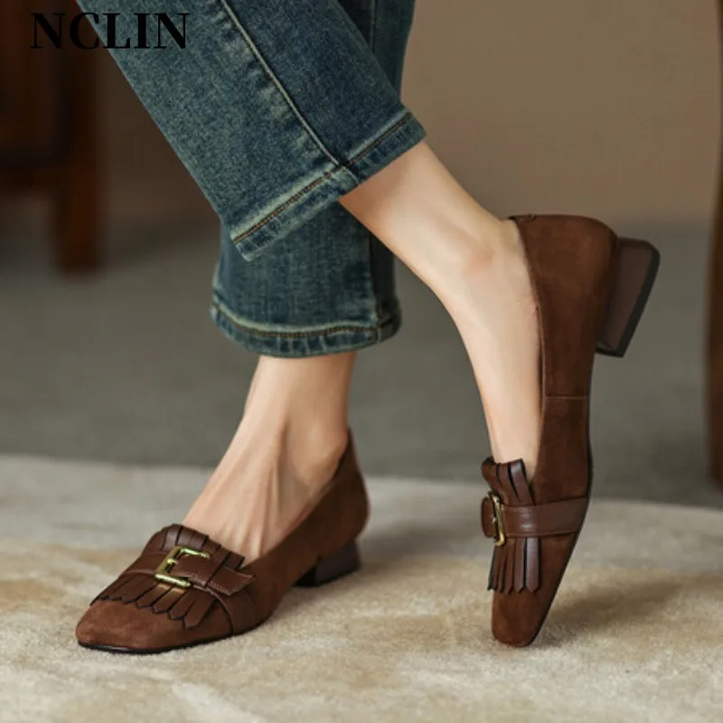 

New Spring Women Pumps Sheep Suede Women Shoes Casual Square Toe Loafers Chunky Heel Slip-On Shoes For Women Zapatos De Mujer