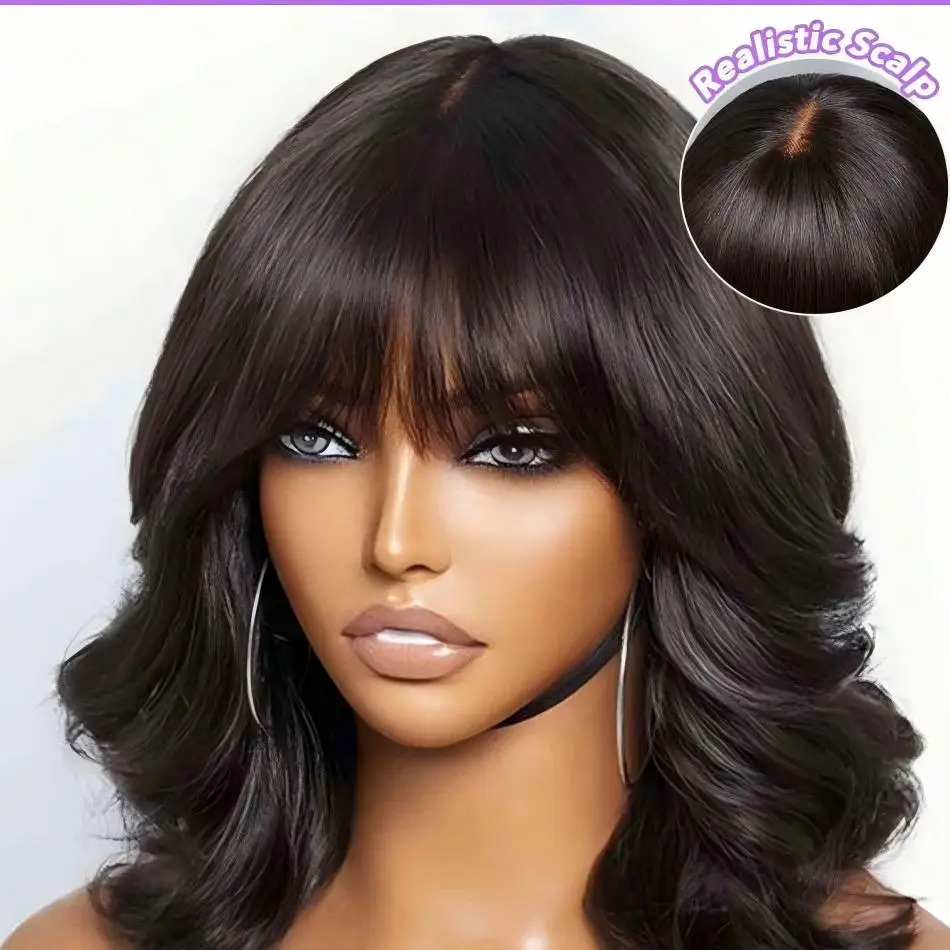 Body Wave Wig With Bangs 3x1 middle part lace wig Machine Made wig Human Hair 220 Density For Women Wear and Go Human Hair Wigs