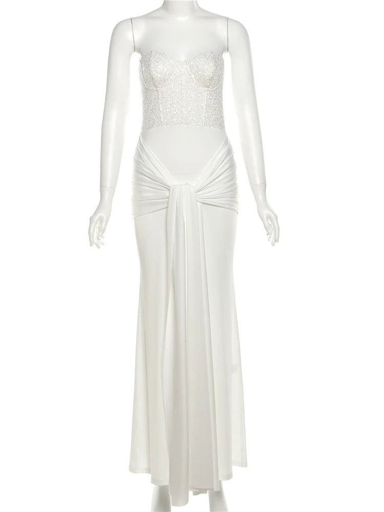 Nibber Patchwork Sequins Maxi Dress Women Bandage Ribbon Folds Skinny Elegant Strapless Chic Festival Wedding Banquet Vestido