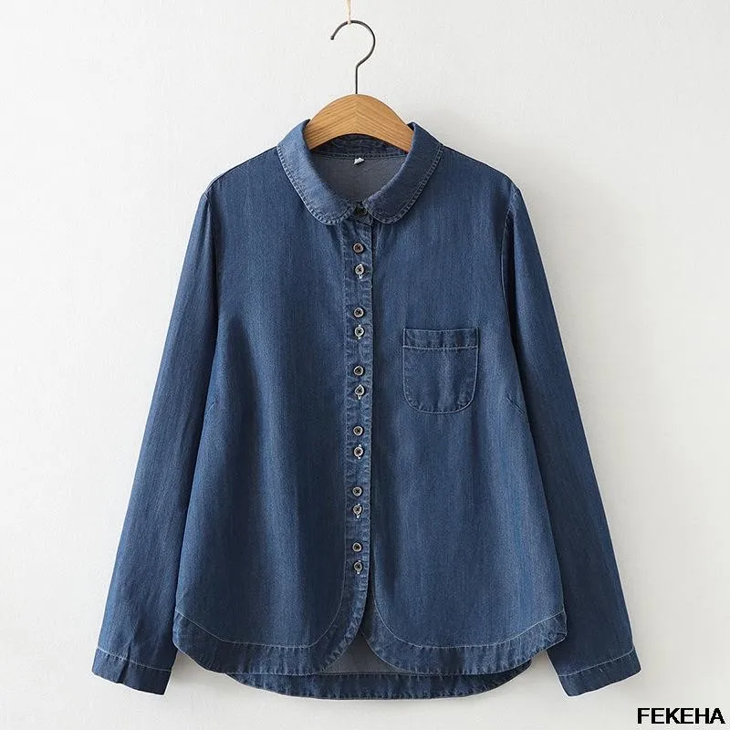 

Women Jean Shirts Blue Blouses Button Long Sleeve Denim Lady Tops Female Clothes Korean Style