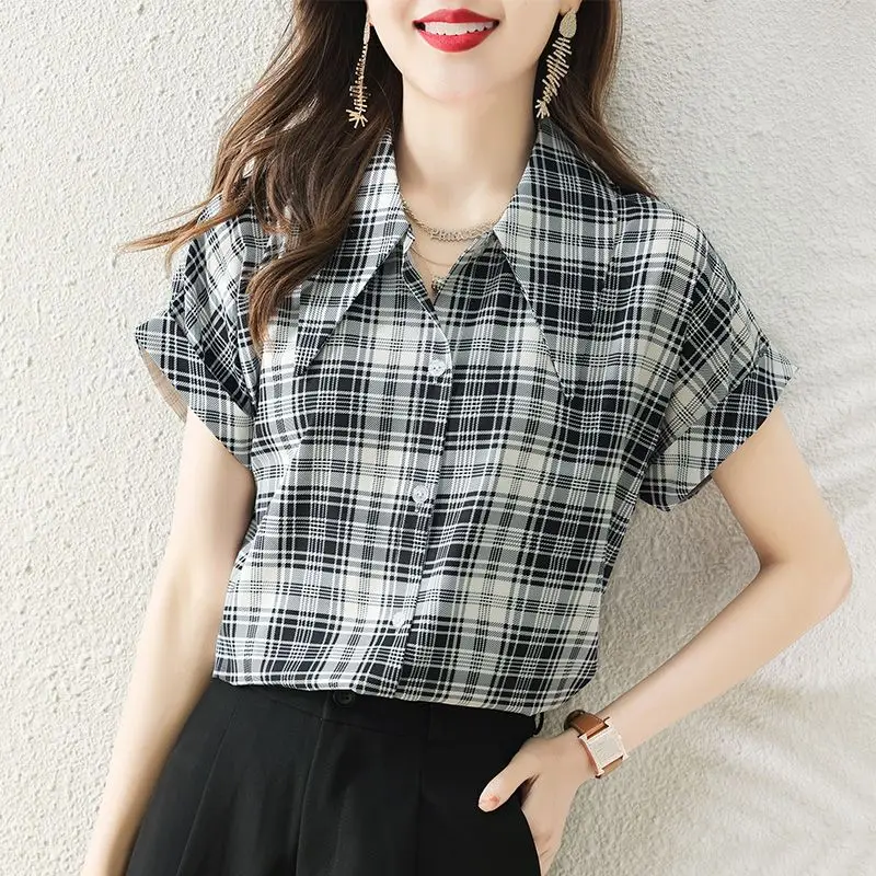 

Summer Short Sleeved Chiffon Shirt for Women 2023 New Korean Turn-down Collar Plaid Check Printing Single Breasted Blouse