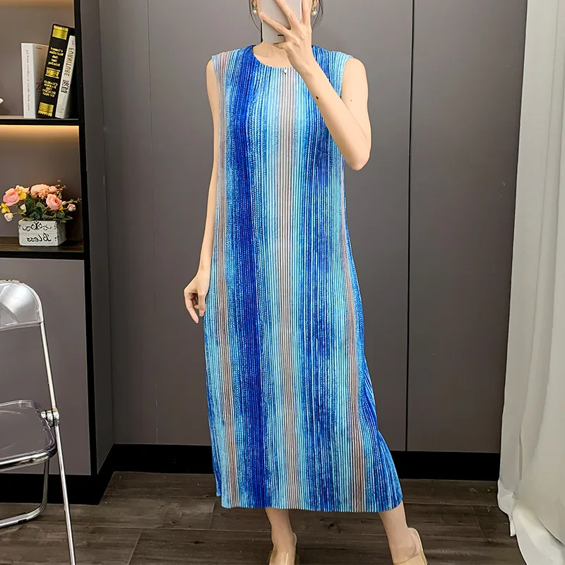 LANMREM Blue Pleated Striped Print Tank Dress Summer 2025 New Elastic Slimming Temperament Straight Dresses Chic Clothes 2DB3972 - Image 4