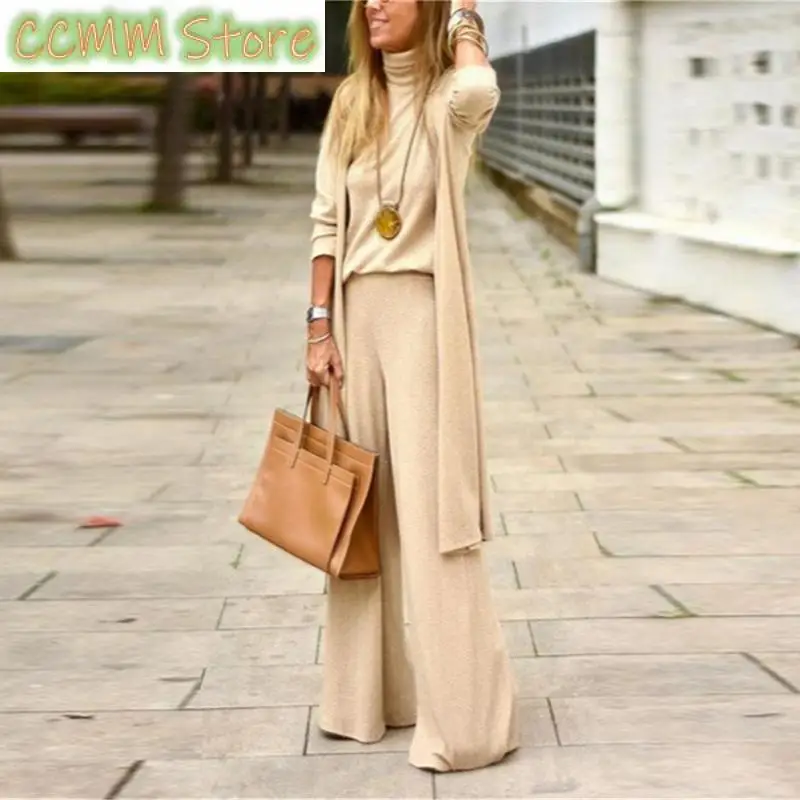 

Autumn Three Piece Sets Womens Outifits Turtleneck Vest Top Long Cardigan Wide Leg Pants Suits Winter Solid Soft Knit Office Set