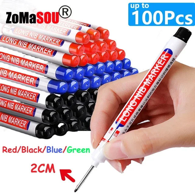 1-100Pcs 2cm Waterproof Long Head Markers Deep Hole Marker Pen for Metal Carpenter Red/Black/Blue/Green Ink Woodworking Tools 1