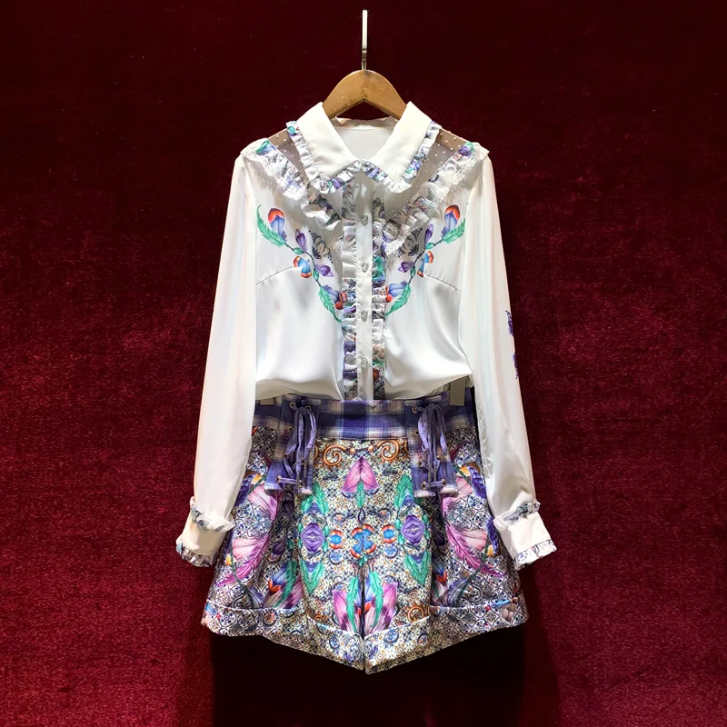

European and American women's wear spring 2022 new Long-sleeved shirt lapel and ear edge Purple printed shorts Fashion suits