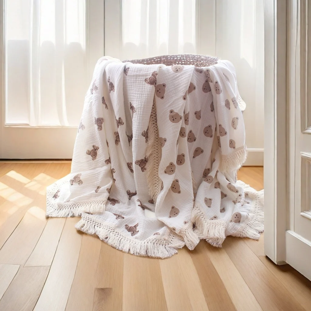 Children's blanket Cotton crepe bear fringe blanket Baby stroller cover Summer air conditioning baby wrap blanke cotton blanket
