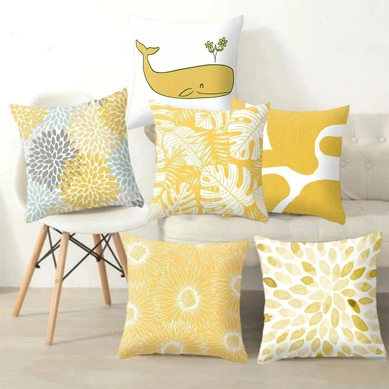 

Yellow Cushion Cover for Sofa Modern Living Room Square Pillowcase Home Decor Floral Leaves Pattern Summer Pillow Covers