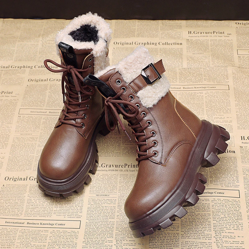 Botines con para mujer, botas cortas cálidas de piel con cordones y tacón grueso, para nieve, invierno, 2022, J1119| | - AliExpress