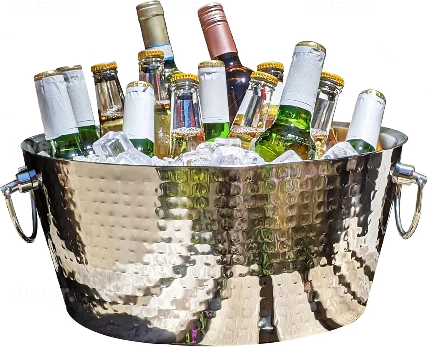 Hammered Stainless-Steel Beverage Tub, Double-Walled Insulated Anchored Drink Tub & Ice Bucket with Double Hinged Handles