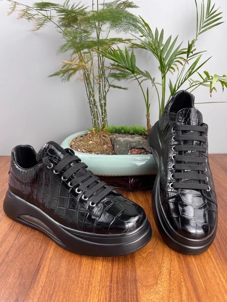 Men Shoes Designer Sneakers Black Round Toe Handmade Crocodile Skin Casual  Shoes Lace Up Thick Platform Genuine Leather Shoes