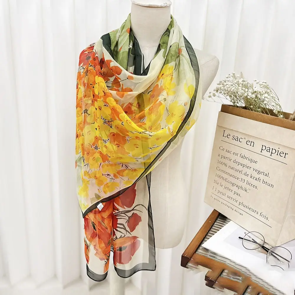 Summer Embroidered Silk Scarf Sun-Resistant Smooth Beach Shawl Breathable Silk Sunscreen Hijab for Women