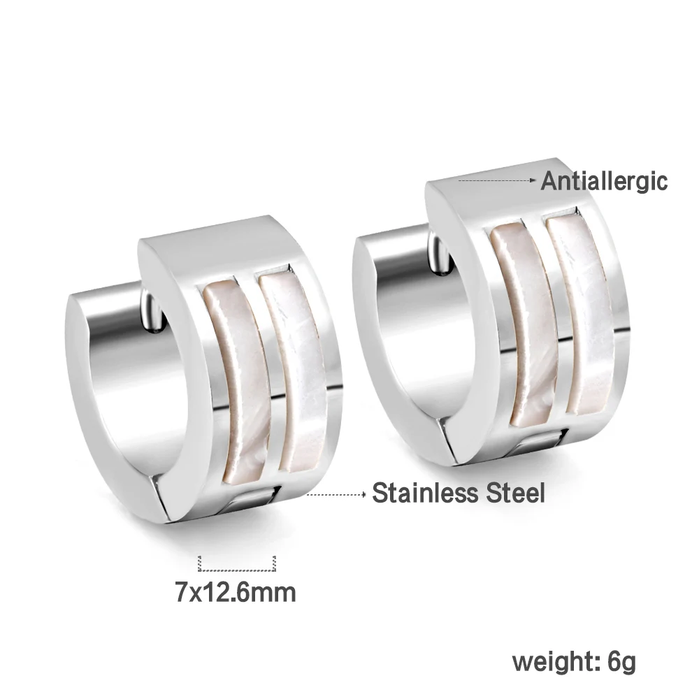 LUXUSTEEL 펑크 락 화이트 쉘 스테인리스 스틸 후프 귀걸이, 남녀공용, 금도금 실버 컬러, 원형 클립 귀걸이