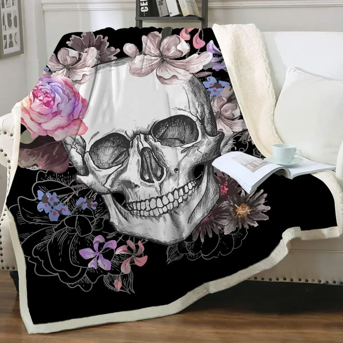 

Black Sugar Skull Flannel Throw Blanket Skull Rose Design Gothic Skeleton Blanket for Bed Couch Sofa Chair Office Lightweight