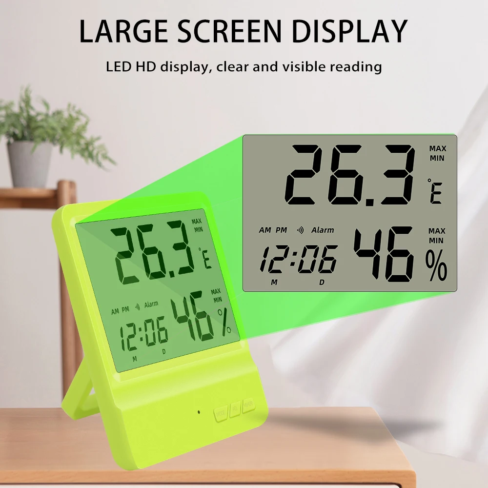 

LCD Display Clock Temperature Humidity Meter Multi-function Household Indoor Standing Thermometer Hygrometer for Decoration