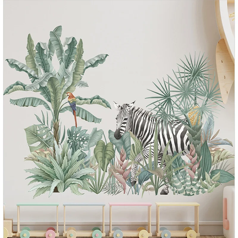 

Tropical Plants Green Leaves Birds Zebra Wall Stickers for Living Room Bedroom Nursery Decor DIY Home Decoration Decals