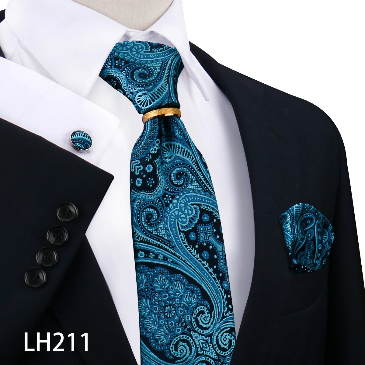 Neck Tie Men Gold Metal 8cm Necktie Handkerchief Cufflinks Metal Ring Brooch Pin Set Luxury Wedding Party