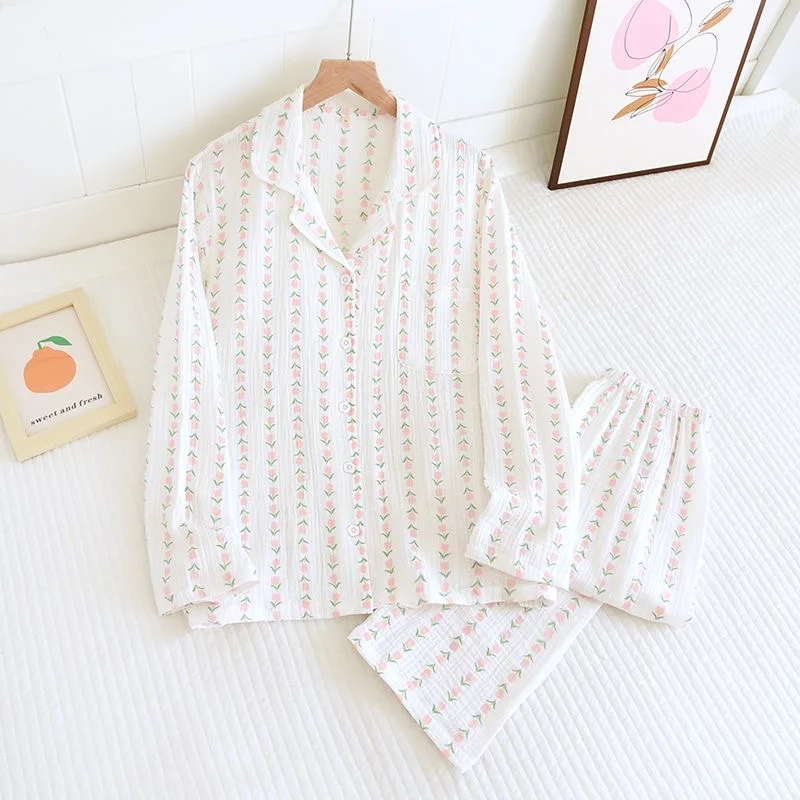 폼 코튼 여성 잠옷 코튼 잠옷 세트 긴 소매 탑 + 바지 여름 봄 귀여운 2 조각 잠옷 Pj 세트 숙녀