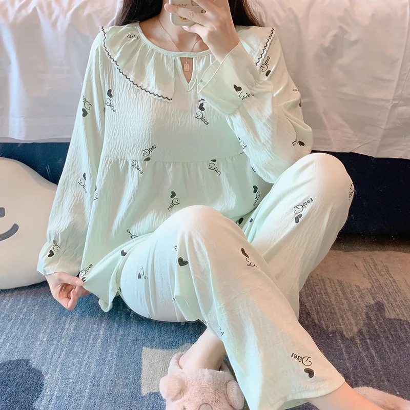 Round Neck Minimalist Pajamas New Nine Quarter Sleeved  Pants Two-piece Set Cloud Cotton Home Wear Spring Women's Casual Clothes