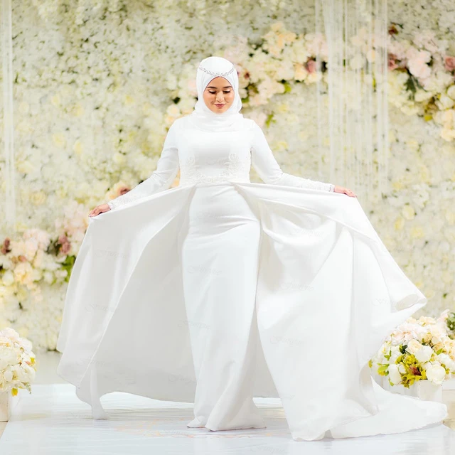 Long Sleeves Satin High Collar Ball Gown Arabic Islamic Wedding Dress –  Sassymyprom