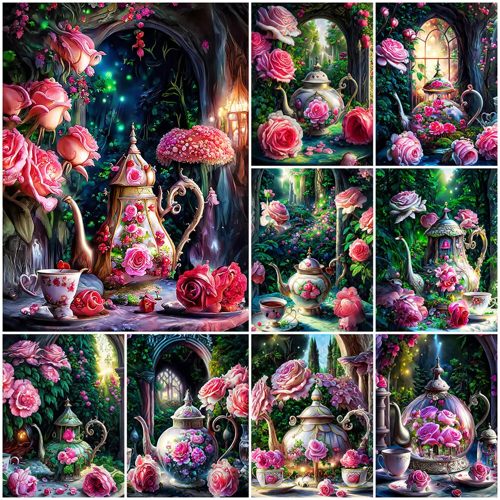 

EverShine 5D DIY Алмазная мозаика Чайник Стакан полная площадь круглый вышивка пейзажи Новое поступление Живопись розы цветы домашний декор