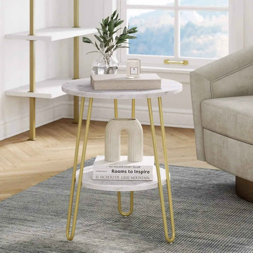 

Side Table Living Room White/Gold White Round Marble End or Side Table With Brass Hairpin Legs and Storage Shelf Free Shipping