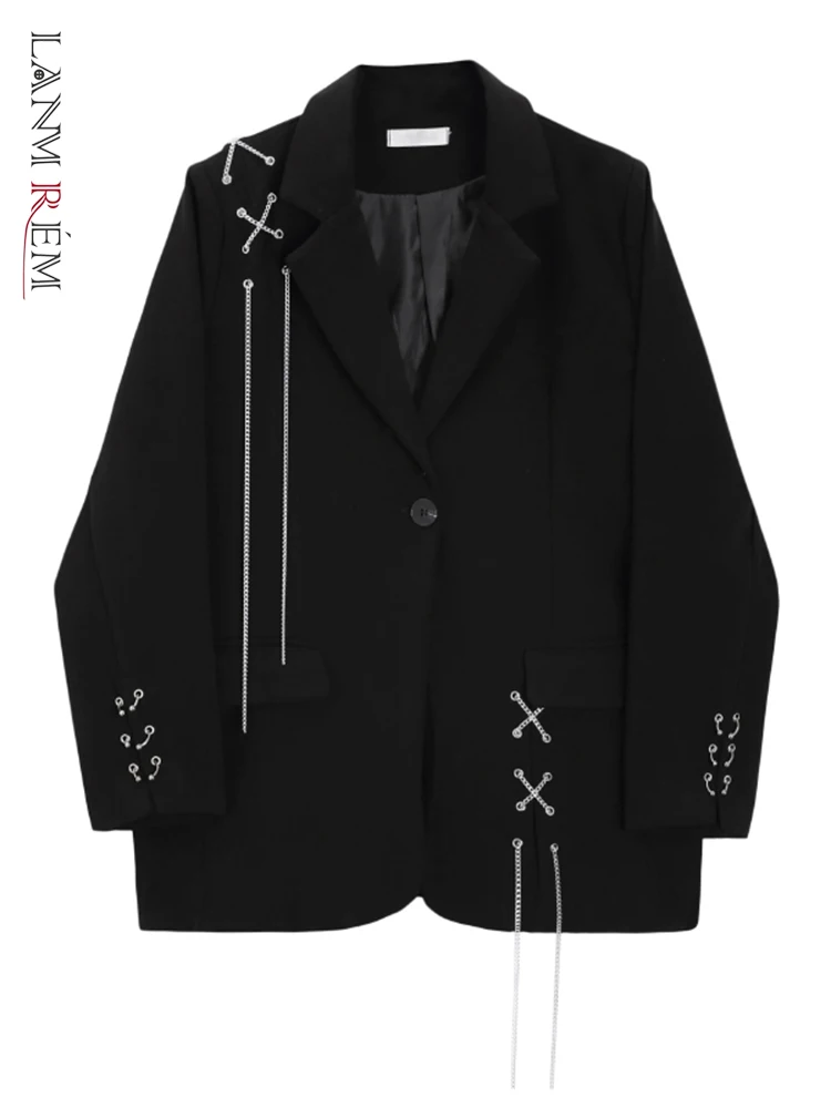 

LANMREM Streetwear Black Blazers For Women Chain Design Notched Single Button Coat Fashion 2023 Autumn New Clothing 2AA1140