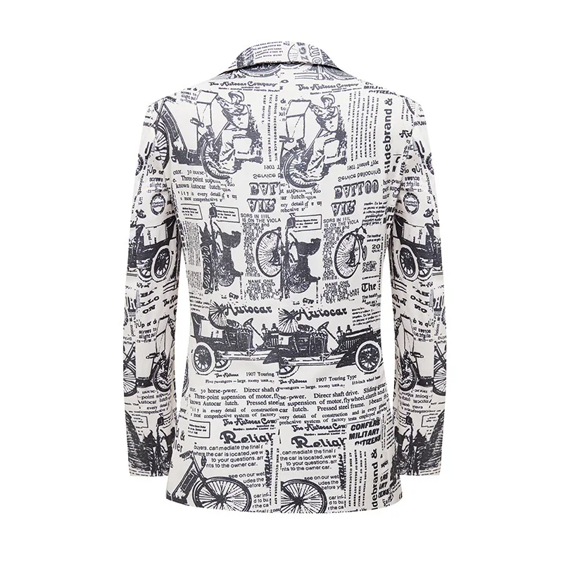 Mens Fashion Newspaper Print Tuxedo Blazers Slim Fit Casual One Button Suit Jacket Blazer Men Party Stage Singer Costume Homme
