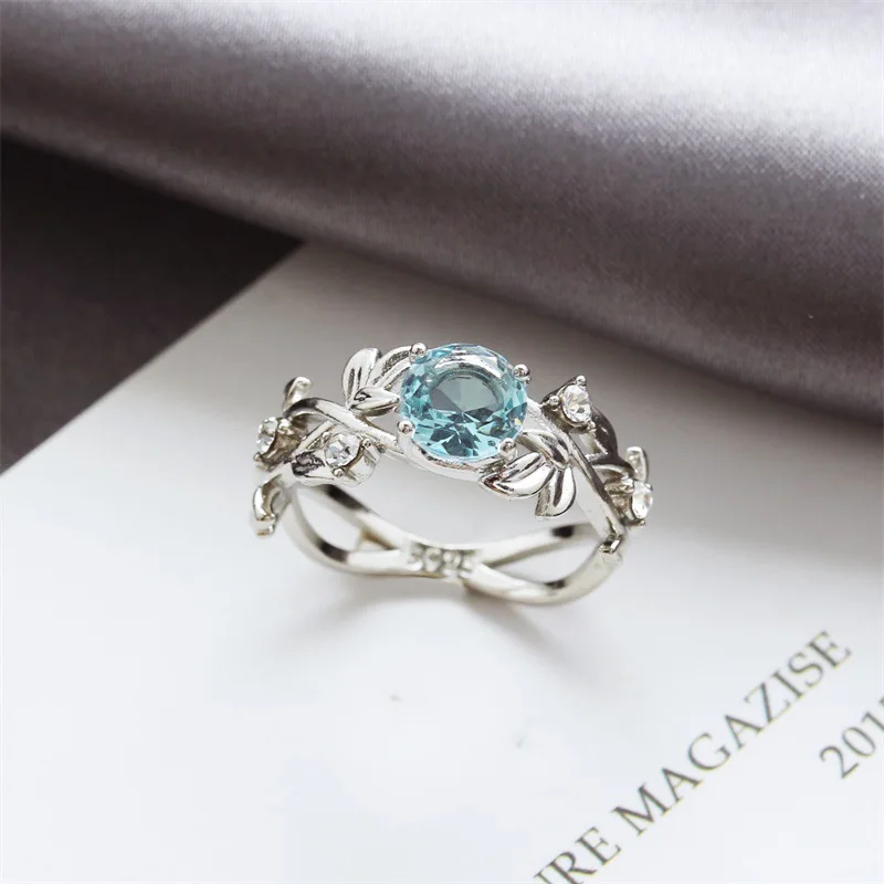 Wedding Rings 925 Silver Plated Blue Crystal Rings For Women Vintage Hollow Leaves Couple Ring