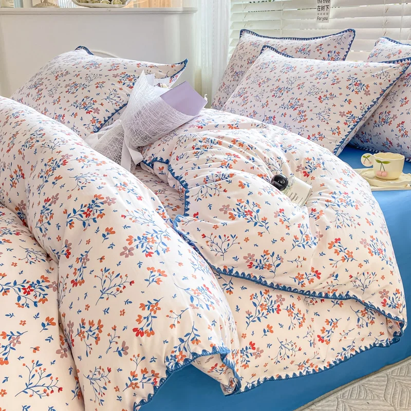 

4pcs Bedding Set Cute Printed Soft Sanding Duvet Cover Bed Sheet Pillowcase King Queen Double Size Bed Set