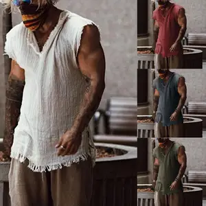 Men Vest Solid Color Casual Leisure Individual Old Style Loose Type Ripped Edge V Neck Sleeveless Men Tank Top Daily Clothes