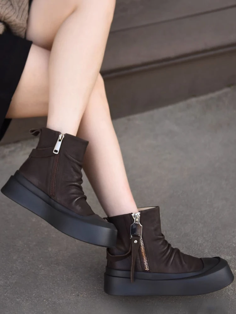 

Artmu Original Genuine Leather Thick Soled Ankle Boots For Women Pleated Side Zip Platform Boots Luxury Shoes Ladies Short Boots
