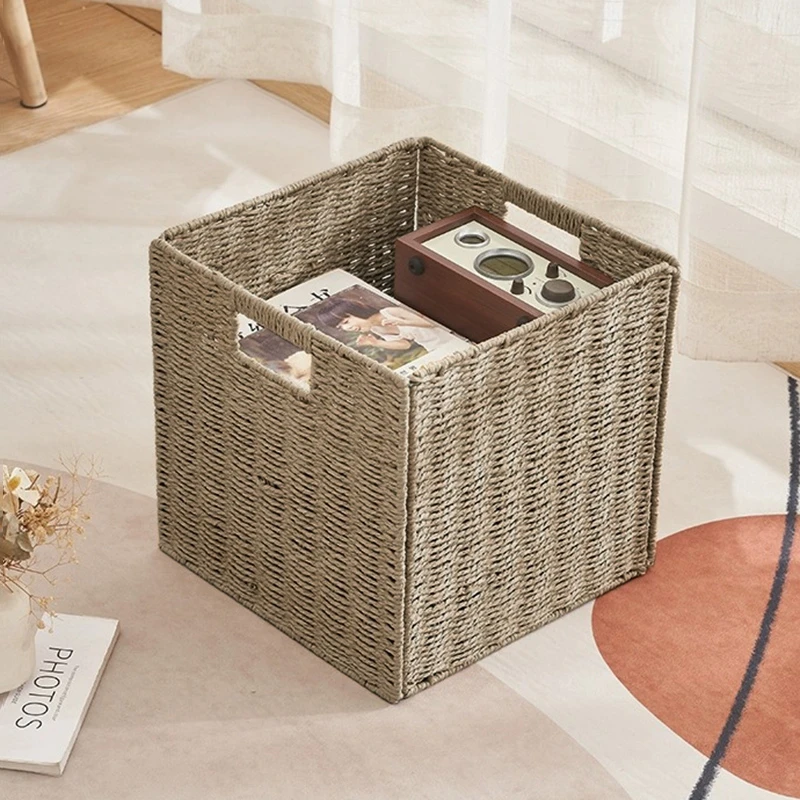 

Woven Wicker Storage Basket Square Toy Snack Storage Basket Wardrobe Clothes Organizer Box Home Sundries Storage Container