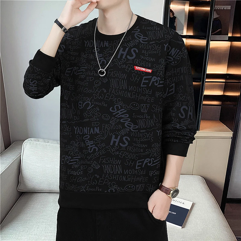 2023 Autumn and Winter Men's Pullover Round Neck Patchwork Printed Letter Hoodie Fashion Loose and Versatile Long Sleeved Tops