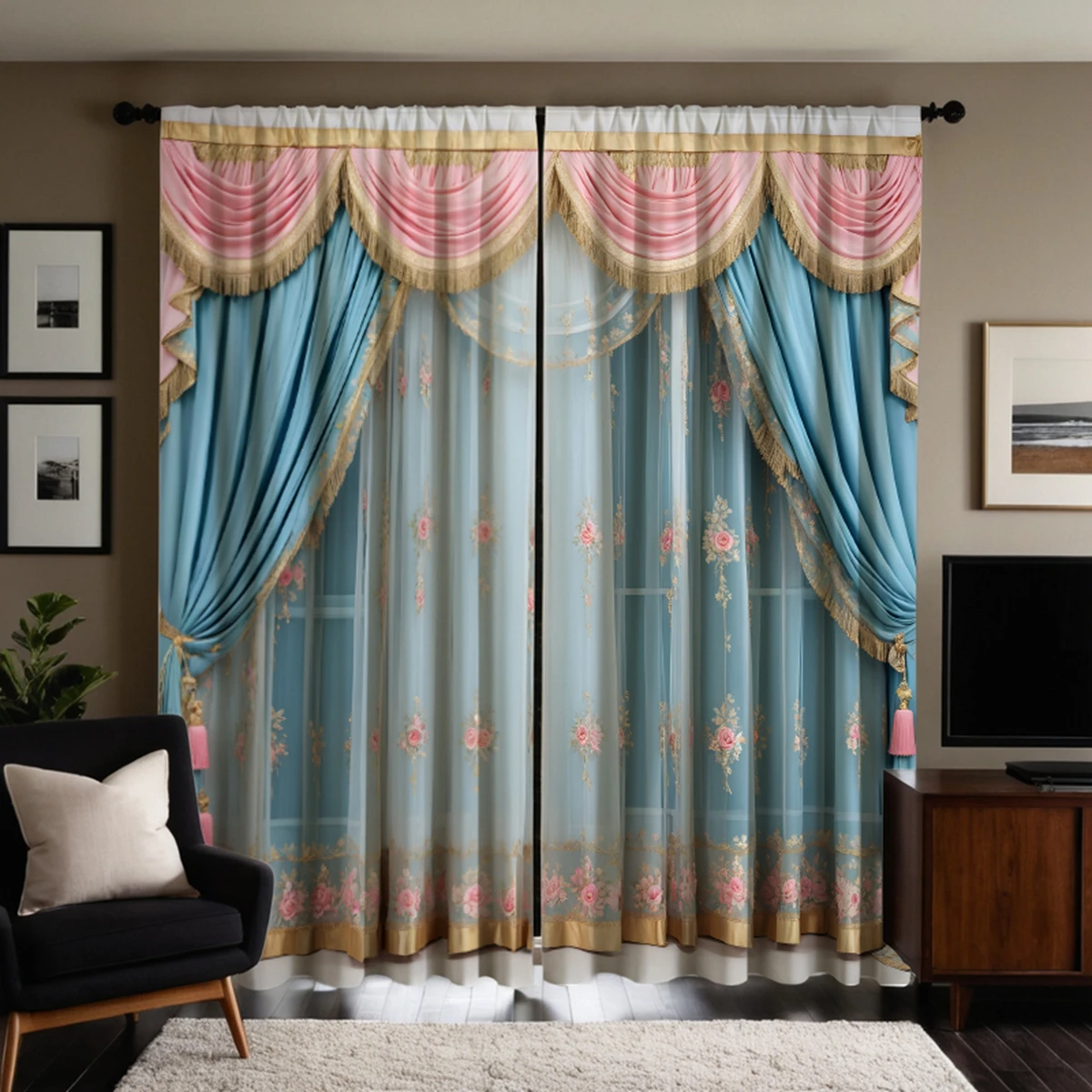 2pcs set HD Gold Lace Pink embroidery decoration simulation window curtain curtain Blue tie digital printed curtain Home Deco 5