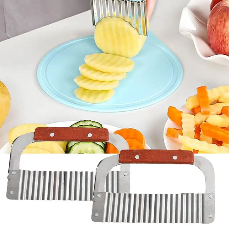 Kitchen Crinkle Cutter Heavy Duty Stainless Steel Wavy Crinkle Cutter Fry Wooden Handle Kitchen Slicer French Chopping