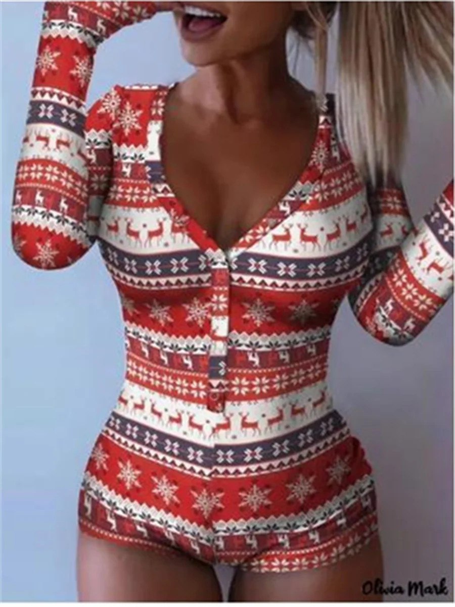 thumbnail image 1 of Nuevo pijama corto navideño de moda para mujer, mono de una pieza con botones y manga larga con estampado de letras, pijama para estar en casa, 1 of 4