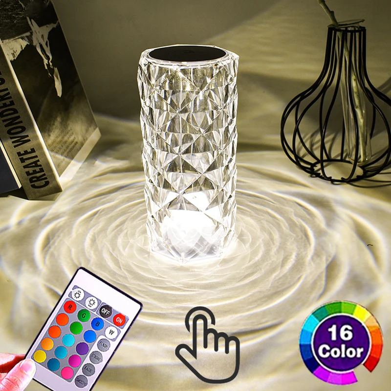 

3/16 Colors LED Crystal Table Lamp Rose Light Projector Touch Novelty Lights Atmosphere Light USB LED Night Light Bedroom Decor
