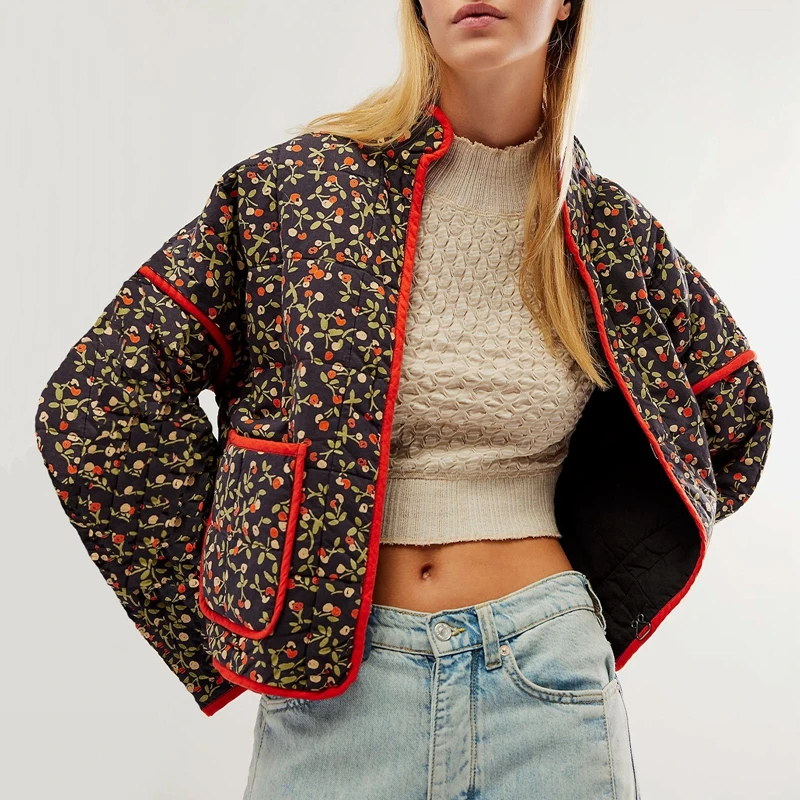 

Женский Укороченный пуховик с цветочным принтом, легкий винтажный Кардиган с длинным рукавом и открытой передней подкладкой, пальто