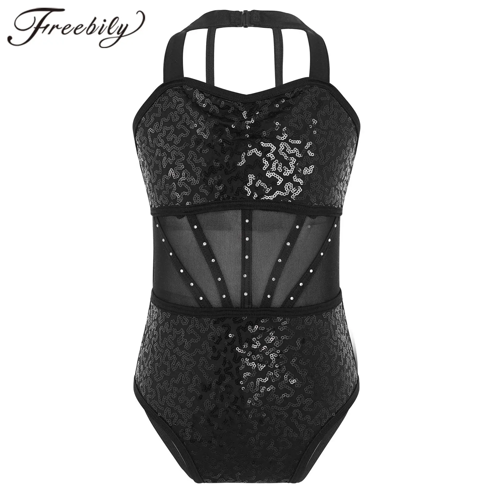 Kids Gymnastics Leotard For Girls Sequins Mesh Splice Ballet Dance