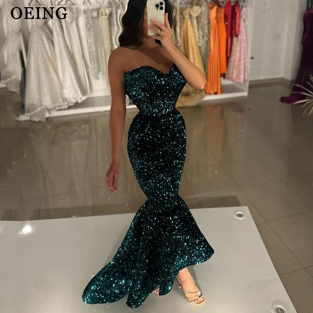 

OEING Sparkly Green Party Dresses Sexy Sweetheart Strapless Sequins Mermaid Prom Dress Shiny Evening Gowns Vestidos De Gala