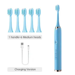 Rechargeable Ultrasonic Electric Toothbrush with Whitening Technology and Replacement Heads (Blue With 6 Heads)