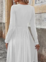 Elegant Solid Color Button-Detail Round Neck Long Sleeve Mid-Length Plus Size Women's Dress for Autumn - Image 6