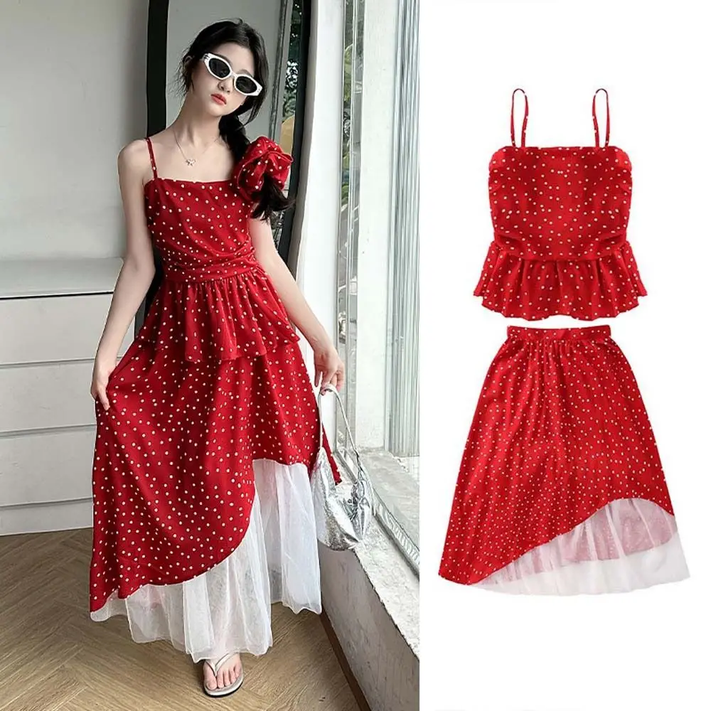 Red Polka Dot Kids Ruffles Dot Dress Camisole Top Ruffled Sleeveless Girls Suspenders Skirt Casual Loose Children Red Dress