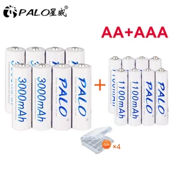 PALO 1.2V 3000mAh AA Rechargeable Battery+ 1.2V 1100mAh AAA Battery NI-MH NIMH AA AAA Batteries for Camera Toy + Battery Case