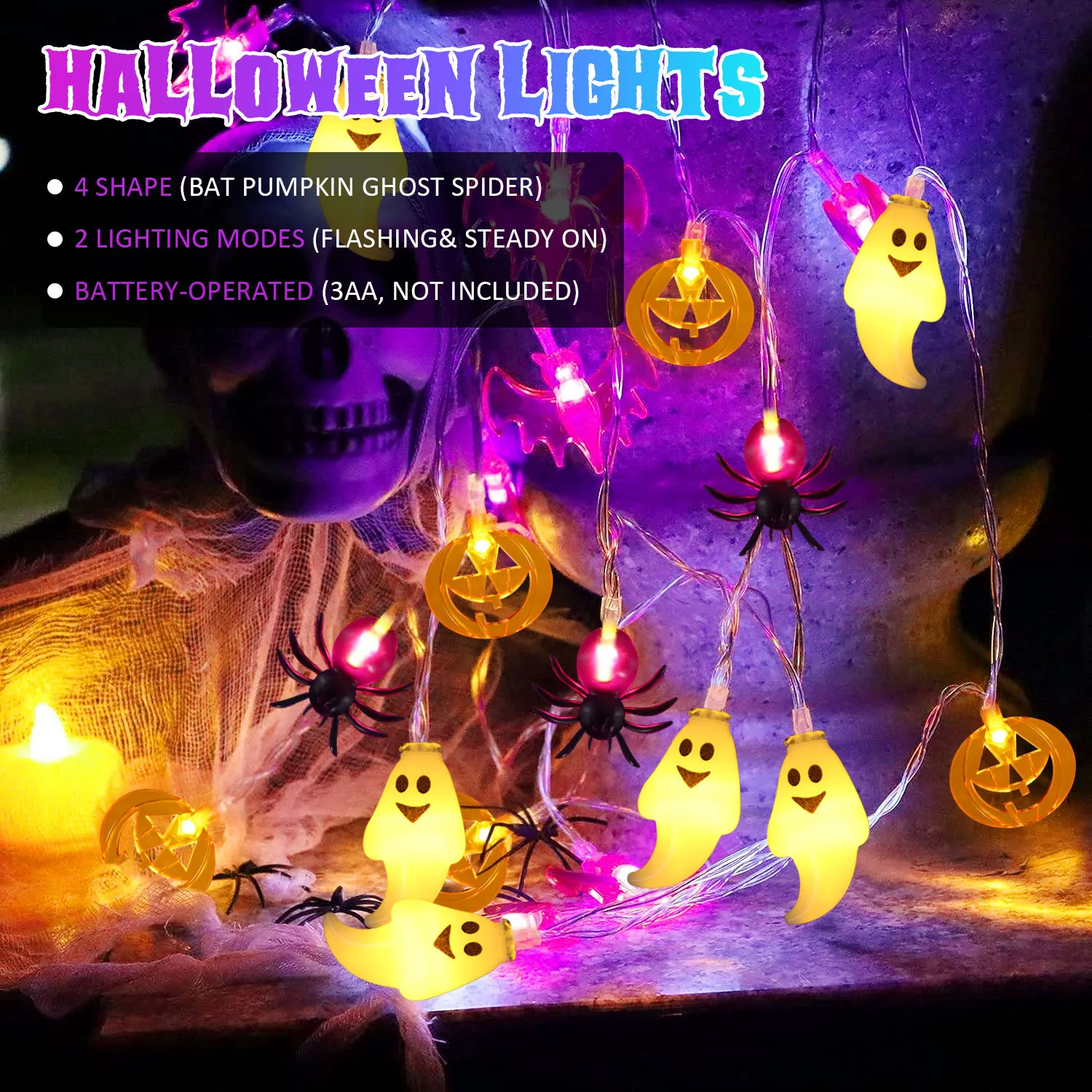 Description Picture 3 of item4.5M 30 LED Pumpkin Bat Ghost Spider String Lights Battery Powered Flickering Mode LED Fairy Lamp for Happy Halloween Decoration