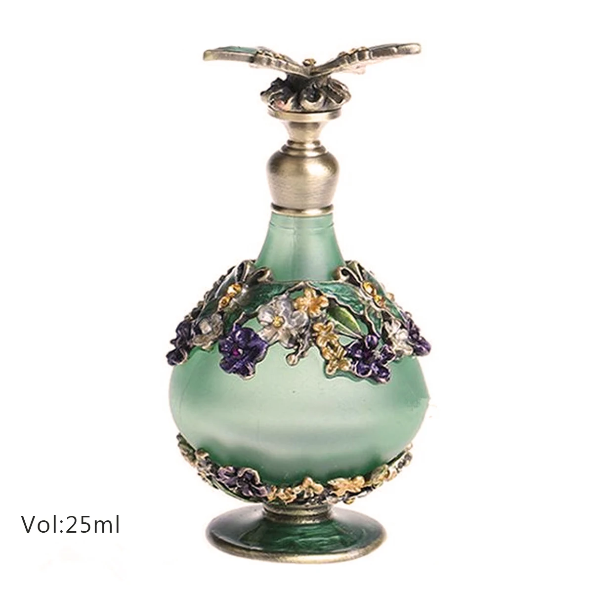 1Pc Antieke Lege Parfum Fles 25Ml Vlinder Bloem Schilderen Patroon Glas Metal Art Emaille Decor Retro Paleis Luxe stijl